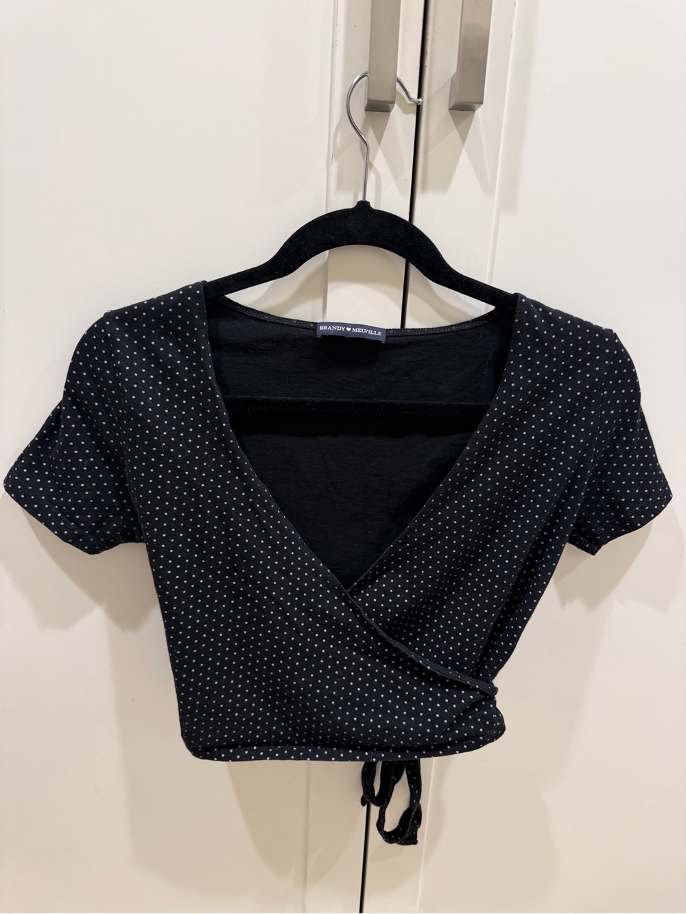 Brandy Melville Black Polka Dot Wrap Crop Top with Tie